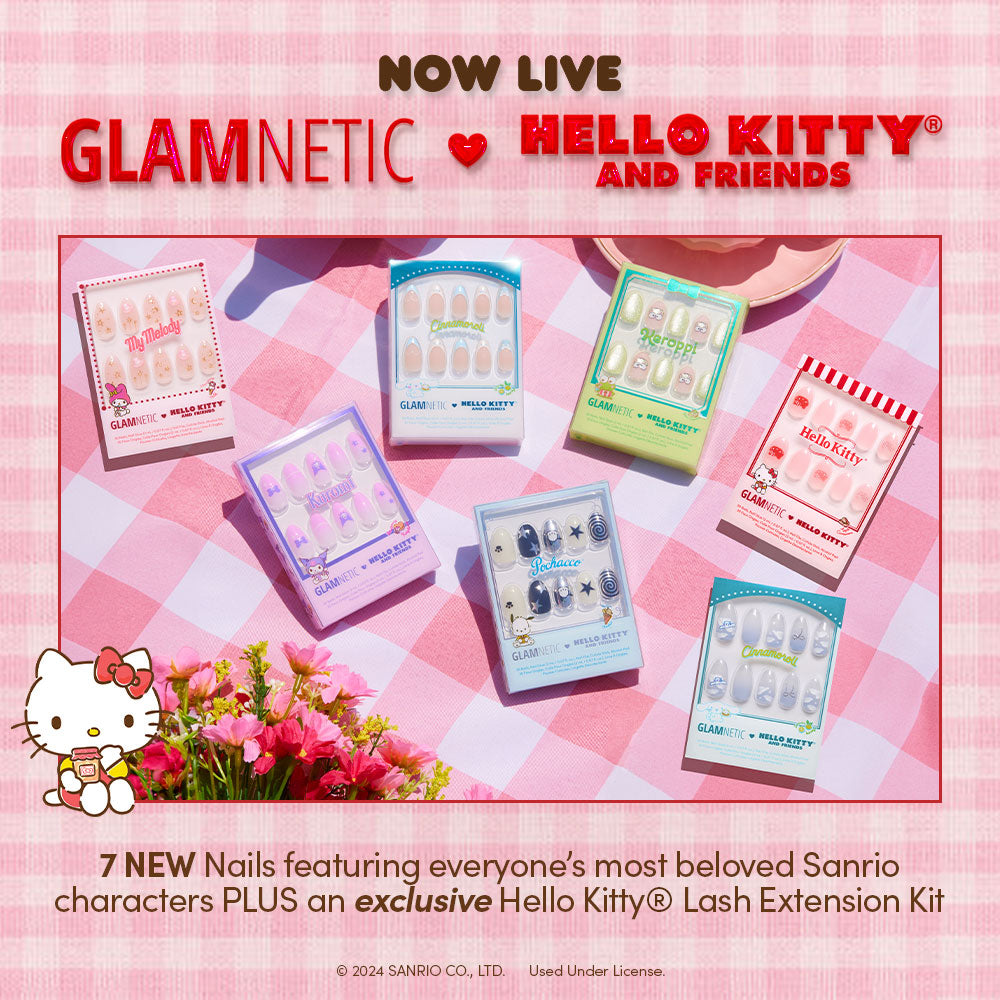 Six sets of colorful Sanrio-themed press-on nails and a Hello Kitty Lash Extension Kit are displayed on a pink gingham picnic blanket, with flowers and the Hello Kitty logo in the corner.