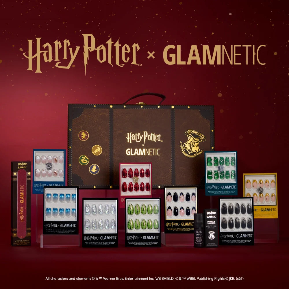 Harry Potter x Glamnetic nail and makeup collection display with themed packaging, a Hogwarts suitcase in the background, and text promoting a 15% discount for insiders.