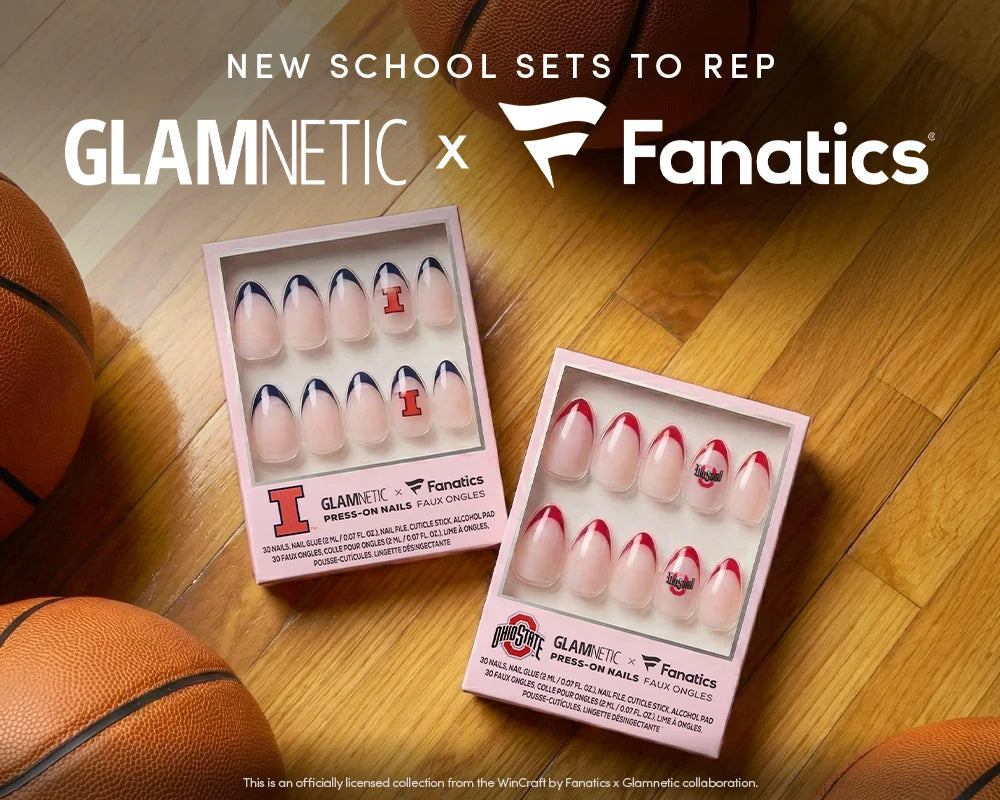 A woman with braided hair and sunglasses holds several packs of press-on nails outdoors. Text reads, School Sets to Rep: GLAMNETIC x Fanatics. Insiders get 15% off!.