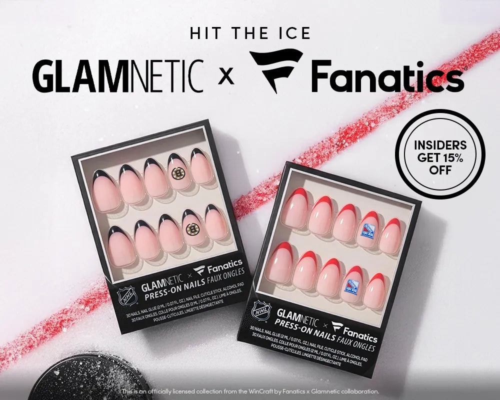 Two sets of NHL-themed GLAMNETIC x Fanatics press-on nails are displayed on an icy surface, with a 15% off sticker and both brand logos above the boxes.