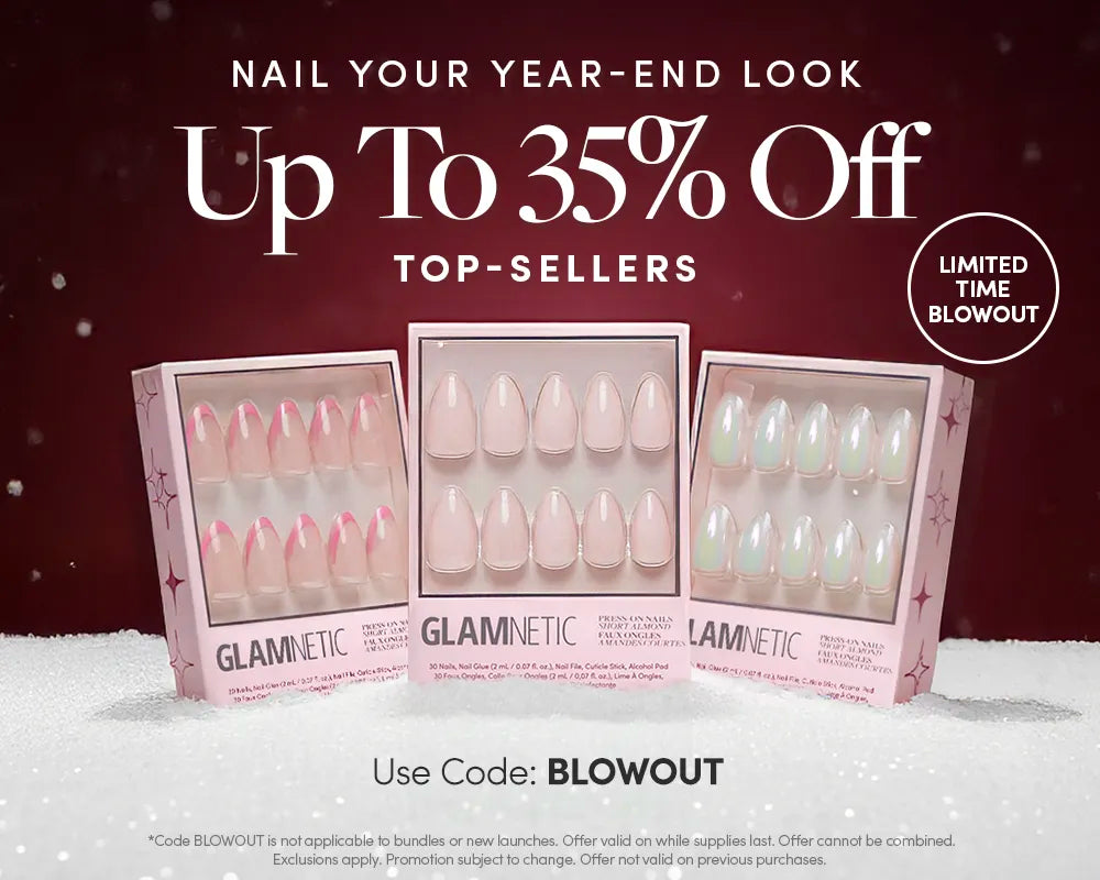 Three Glamnetic press-on nail sets in pink packaging are displayed on snow with text above: “Up to 35% off top-sellers. Limited time blowout. Use code: BLOWOUT.” Sparkling holiday background.