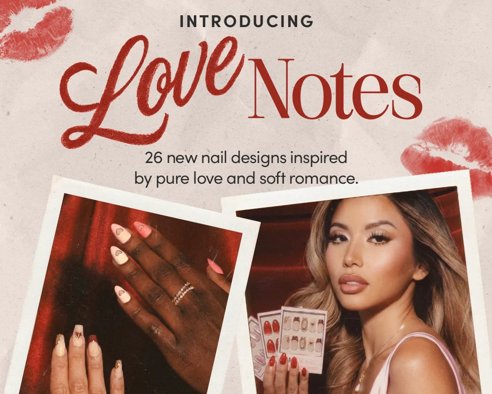 Promotional image for “Love Notes” nail designs, featuring a woman holding nail samples and close-ups of manicured hands with romantic nail art. A heart graphic says “INSIDERS GET 20% OFF!” Lips prints in the background.