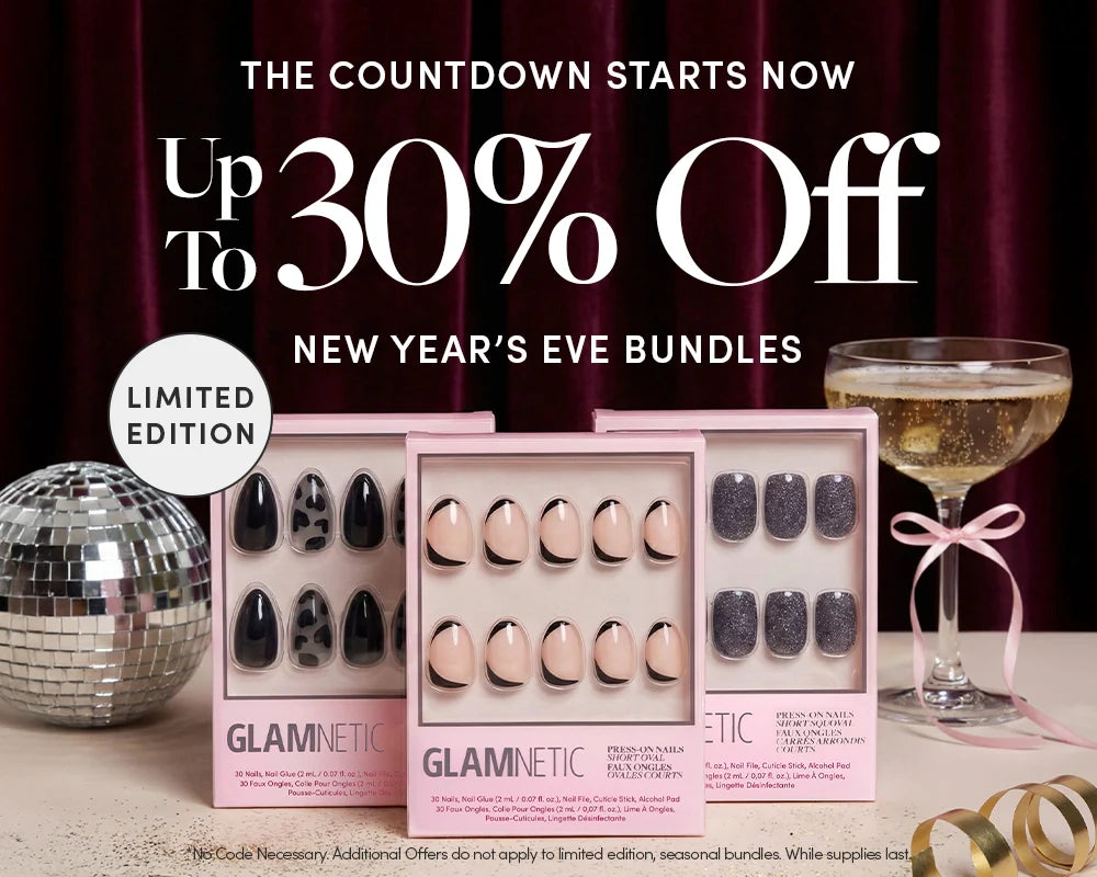 Three GLAMNETIC press-on nail sets sit on a table with a disco ball and champagne glass. Text: Up to 30% Off New Years Eve Bundles. Limited Edition. The countdown starts now.