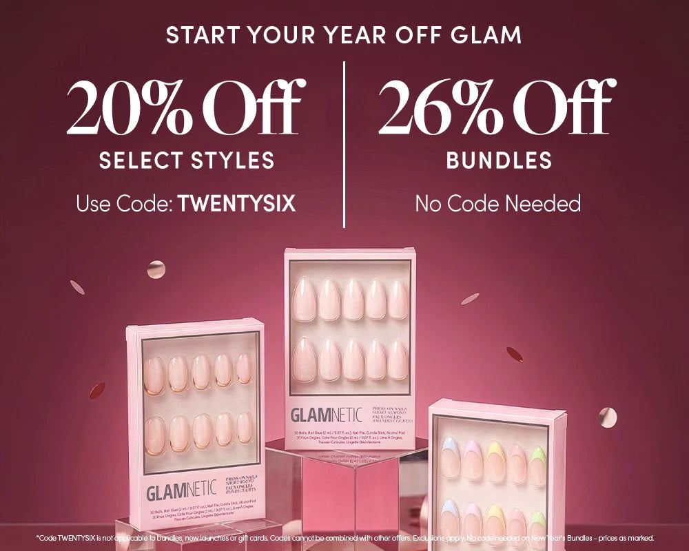 Three boxes of Glamnetic press-on nails are displayed against a pink background. Text offers 20% off select styles with code TWENTYSIX and 26% off bundles with no code needed.