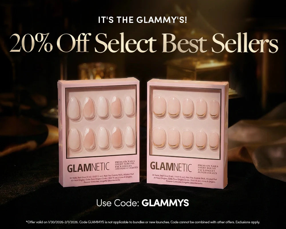 Two boxes of Glamnetic press-on nails are displayed on a dark surface with text above that reads 20% Off Select Best Sellers. Promo code GLAMMYS is shown at the bottom.