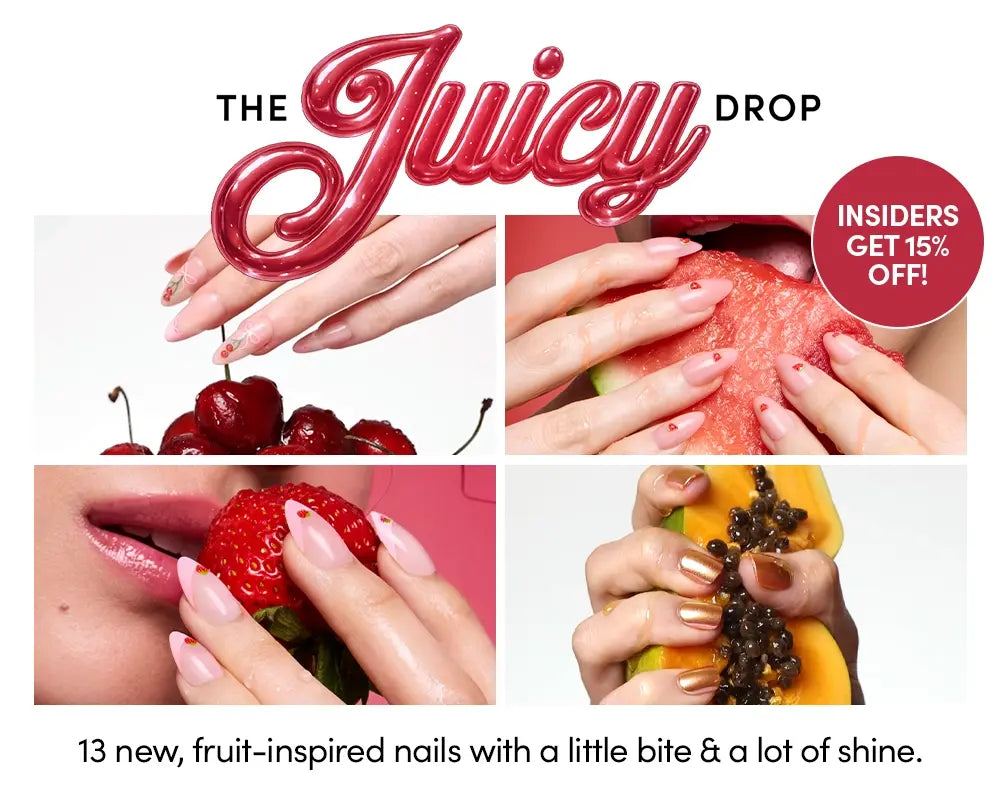 A collage of manicured hands holding cherries, watermelon, a strawberry, and papaya. Text reads: The Juicy Drop—13 new, fruit-inspired nails with a little bite & a lot of shine. Red button: Shop Now.