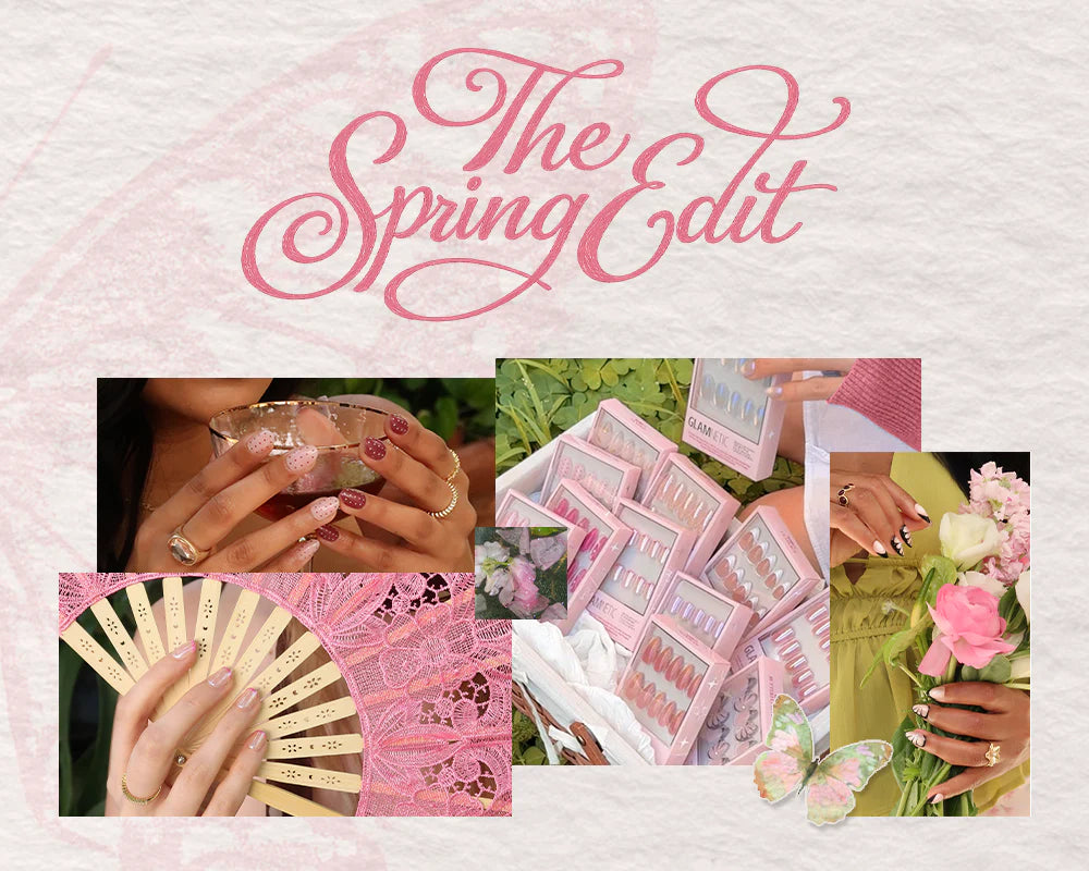 Collage of pastel and floral-themed manicures, nail polish sets, a hand holding flowers, and a The Spring Edit title. Green circle reads INSIDERS GET 15% OFF! with a butterfly and lace accents.