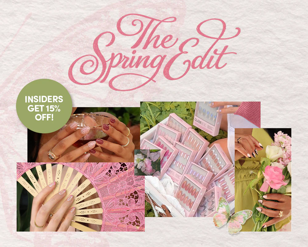 Collage with manicured hands, nail polish sets, flowers, and butterflies on a textured pink background. Text reads The Spring Edit and Insiders get 15% off! in a green circle.