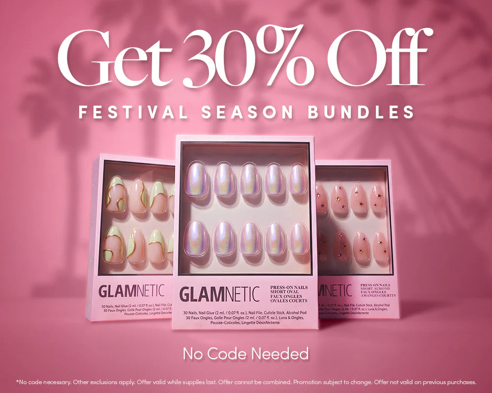 Three boxes of Glamnetic press-on nails are displayed on a pink surface with text above them that reads “Get 30% Off Festival Season Bundles.” The offer states No Code Needed.
