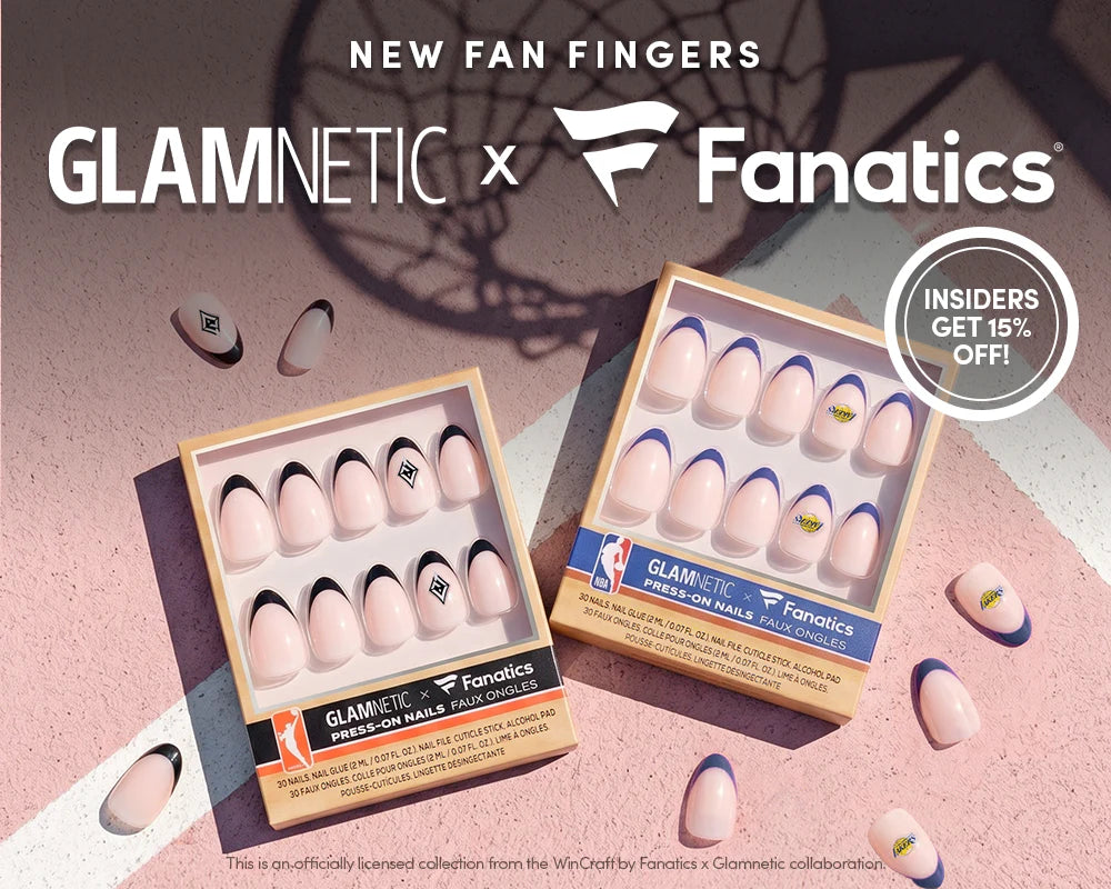 Two sets of press-on nails are displayed on a basketball court. Each set features sports team logos. Text reads GLAMNETIC x Fanatics and Insiders get 15% off! with a basketball hoop shadow above.