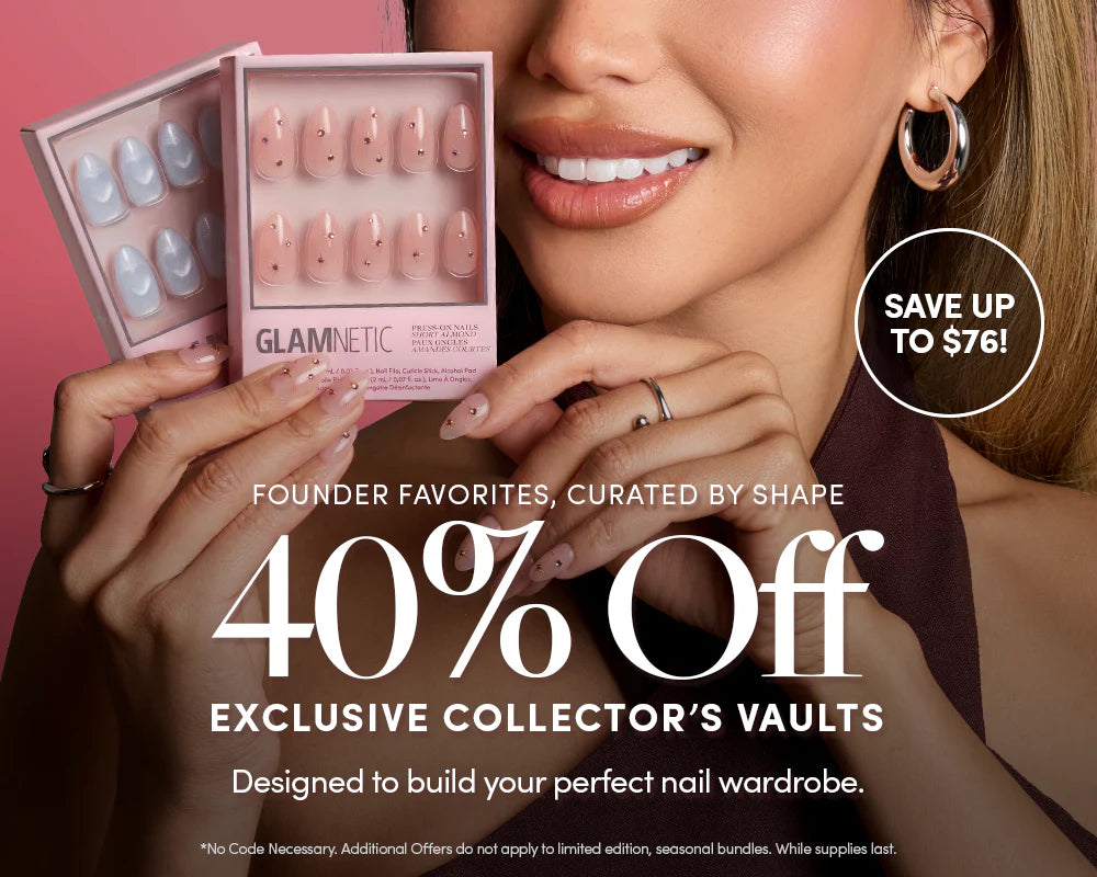 A smiling woman holds two boxes of Glamnetic press-on nails in different styles. A circular label reads “Save up to $76!” with text below promoting a 40% off sale on exclusive collector’s vaults.