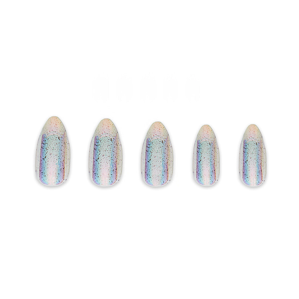 Glamnetics Stardust almond press-on nails are arranged in a row, each showcasing an iridescent pastel rainbow design with a glossy holographic finish, displayed against a plain white background. - Product image