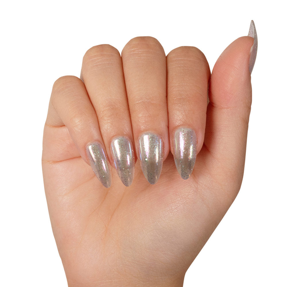 A hand wears glamnetics Stardust long, pointed almond press-on nails in silver chrome with a shiny, reflective finish, shown against a white background. - Product image