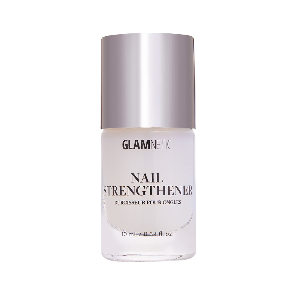 A 10 mL clear bottle of Glamnetic Nail Strengthener features a shiny silver cap and black label text; its vegan, cruelty-free formula promotes healthy-looking nails.