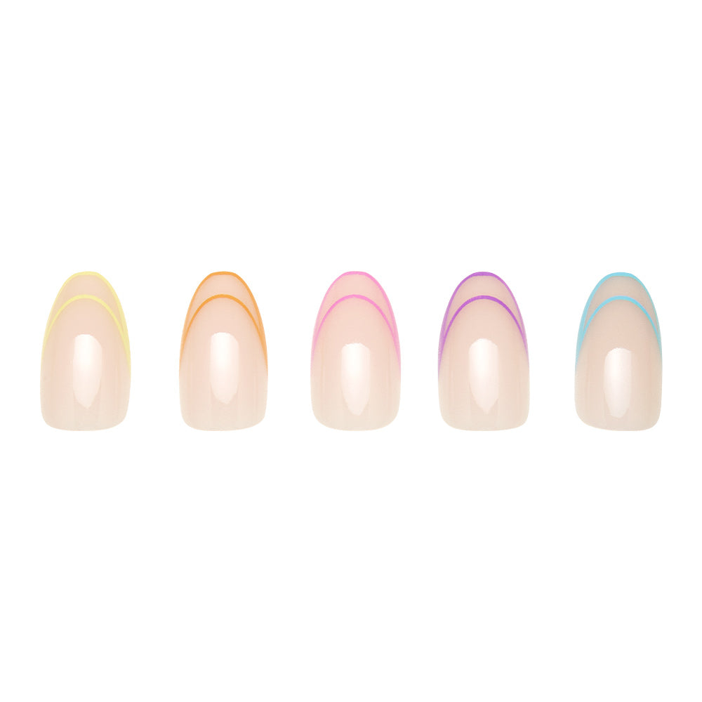 Glamnetics Neon Lights set features five short oval artificial nails with a nude base and neon French tips in yellow, orange, pink, purple, and blue. Displayed in a row on a white background. - Product image