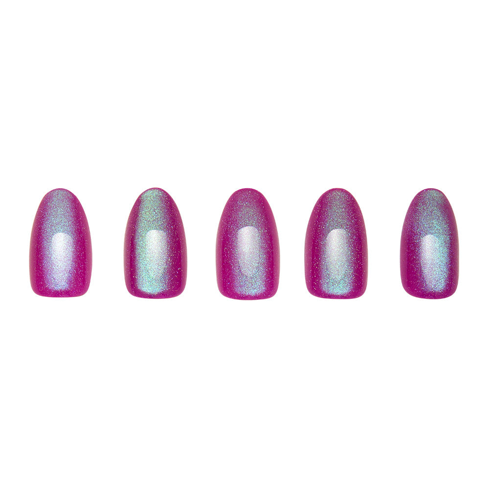 Five artificial nails from glamnetic’s Berry Fizz Nail Set, featuring a shimmery iridescent magenta and teal polish, are arranged in a row on a white background. - Product image