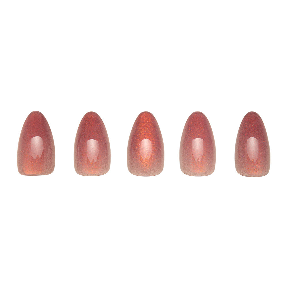 Five short almond-shaped glamnetic Rosé nails, featuring a smooth, shiny reddish-brown velvet metallic finish, are arranged in a row on a white background for an elegant look. - Product image