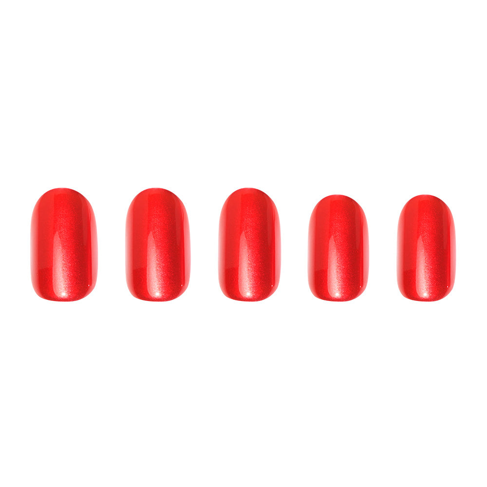 Five short, round Cherry Glaze artificial nails by glamnetic, painted cherry red, are arranged in a horizontal row on a white background. - Product image