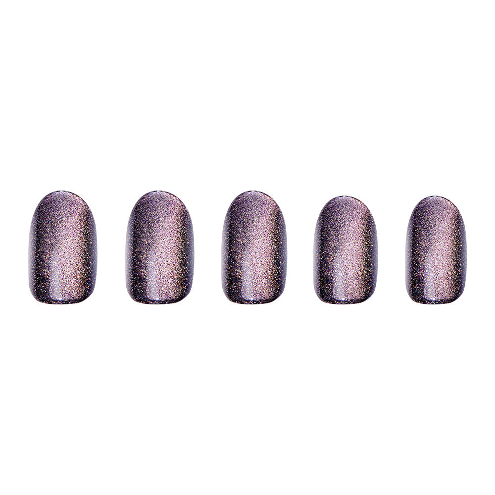 Five short round artificial nails in a shimmery pewter hue from glamnetic’s Galactic set are arranged in a row on a white background, showcasing their stunning style. - Product image