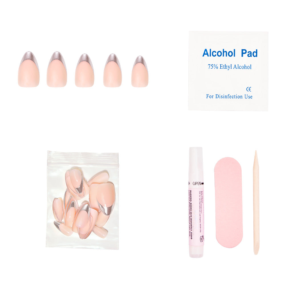 The glamnetic Mirror Mirror Nail Set features short almond nails with pink and chrome silver French tips, plus extra nails, nail glue, alcohol pad, pink nail file, and a wooden cuticle stick—all on a white background. - Product image