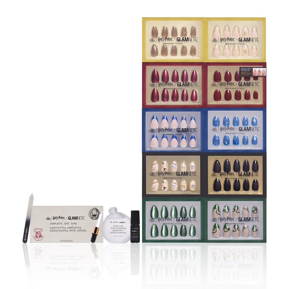 A grid displays glamnetics Hogwarts™ Superfan press-on nails in themed boxes, with a nail file, glue, and remover on a white background—ideal for Harry Potter fans seeking magical nails. - Product image