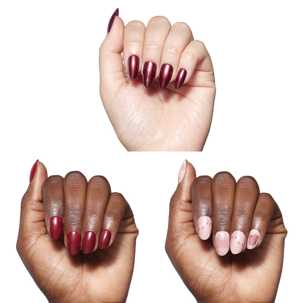 Three manicured hands showcase glamnetics Team Gryffindor™: long dark red, short burgundy, and short light pink nails with marble and geometric accents. All polishes are vegan and cruelty free against a white background. - Product image