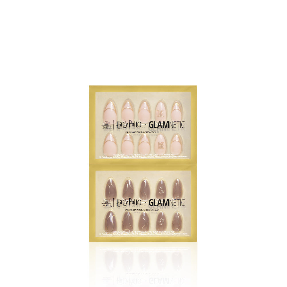 Two sets of glamnetic press-on nails in gold Harry Potter x Glamnetic packaging, called Team Hufflepuff™. The top set is light pink with 3D gold foil accents; the bottom set is a darker mauve. Both are vegan and cruelty free on white background. - Product image