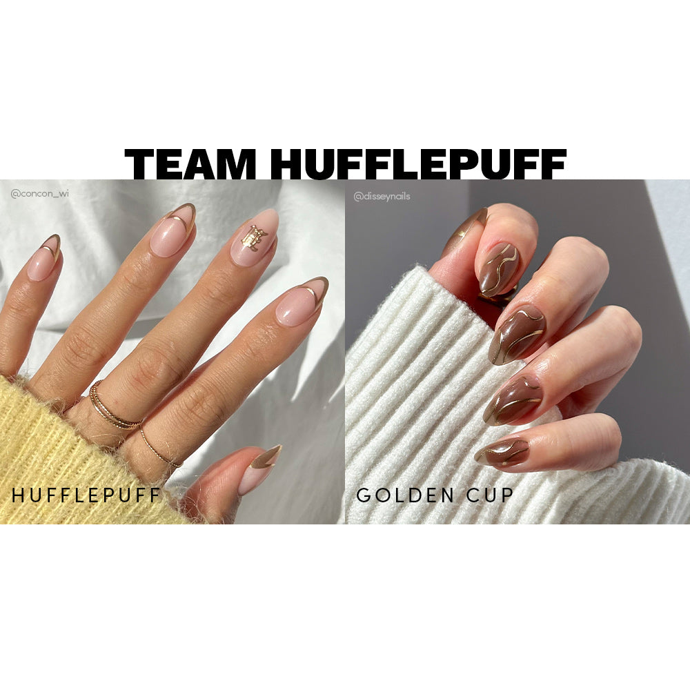 Two manicured hands display glamnetic Team Hufflepuff™ nails: the left features nude nails with brown tips and a Hufflepuff™ accent, while the right shows glossy brown vegan, cruelty-free nails with gold and white swirls. Team Hufflepuff appears above. - Product image