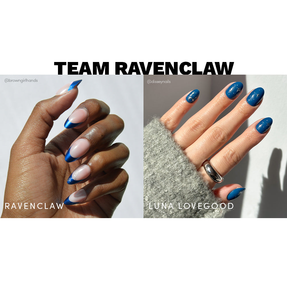 Split image of two hands with vegan nails in blue-themed glamnetic Team Ravenclaw™ manicures. Left: nude nails with blue tips labeled Ravenclaw. Right: sparkly blue Luna Lovegood-inspired style.