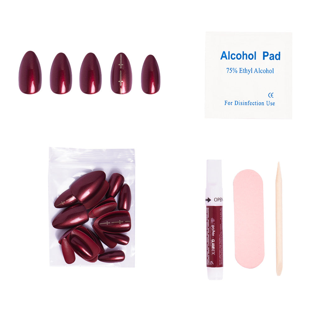 The glamnetic Gryffindor™ Nail Set includes glossy burgundy short almond nails, an alcohol pad, extra nails in a zip bag, nail glue, pink nail file, and a wooden cuticle stick—all shown on a white background. - Product image