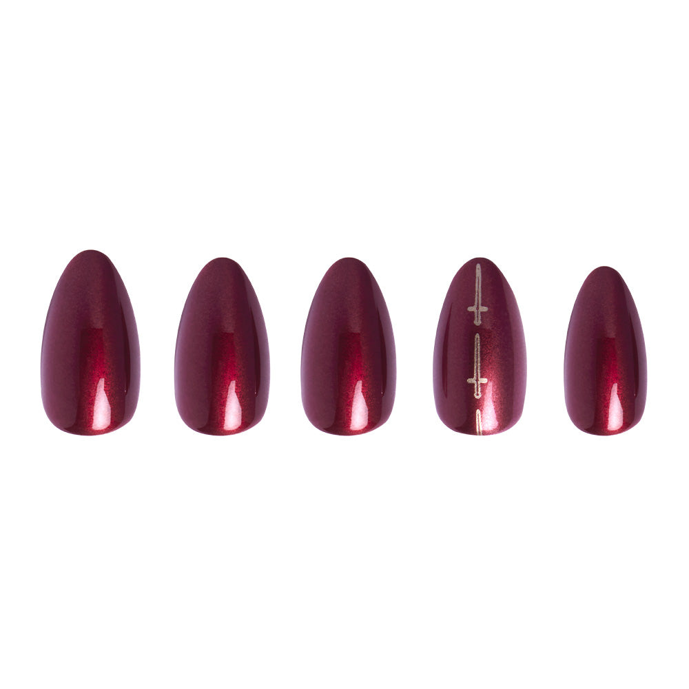 The glamnetic Gryffindor™ set features five shiny burgundy chrome nails, with the fourth nail adorned by two small vertical gold sword designs, displayed against a white background. - Product image