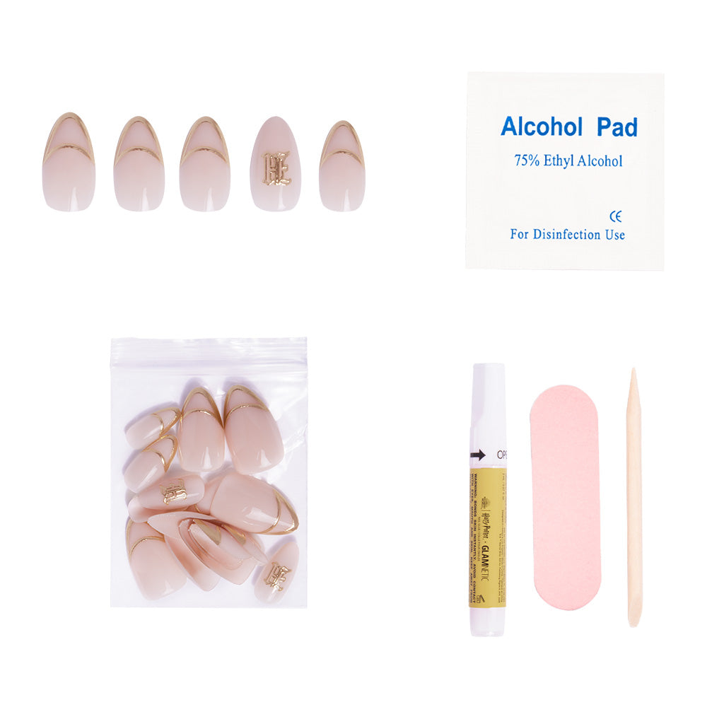 The glamnetic Hufflepuff™ press-on nail kit includes nude and 3D gold foil-accented nails, an alcohol pad, pink nail file, cuticle stick, nail glue, and extra nails—perfect for a stunning vegan, cruelty-free manicure at home. - Product image