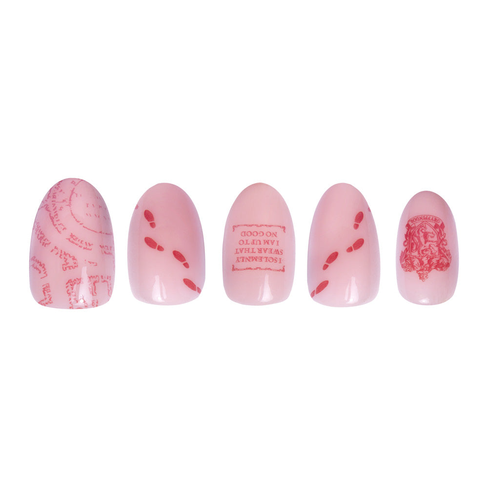 Five artificial nails from glamnetics vegan, cruelty-free Marauders Map™ set feature a light pink base with Harry Potter-inspired red patterns, footprints, a quote, and a detailed illustration. - Product image