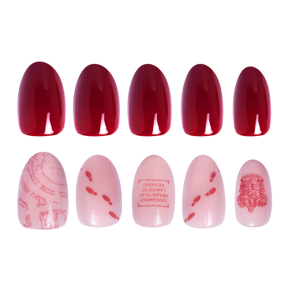 The glamnetic Marauder’s Map™ Nail Set includes glossy red press-ons on the top row and light pink nails with red Marauder’s Map™-inspired designs—footprints, maps, text, and faces. Vegan and cruelty-free. - Product image