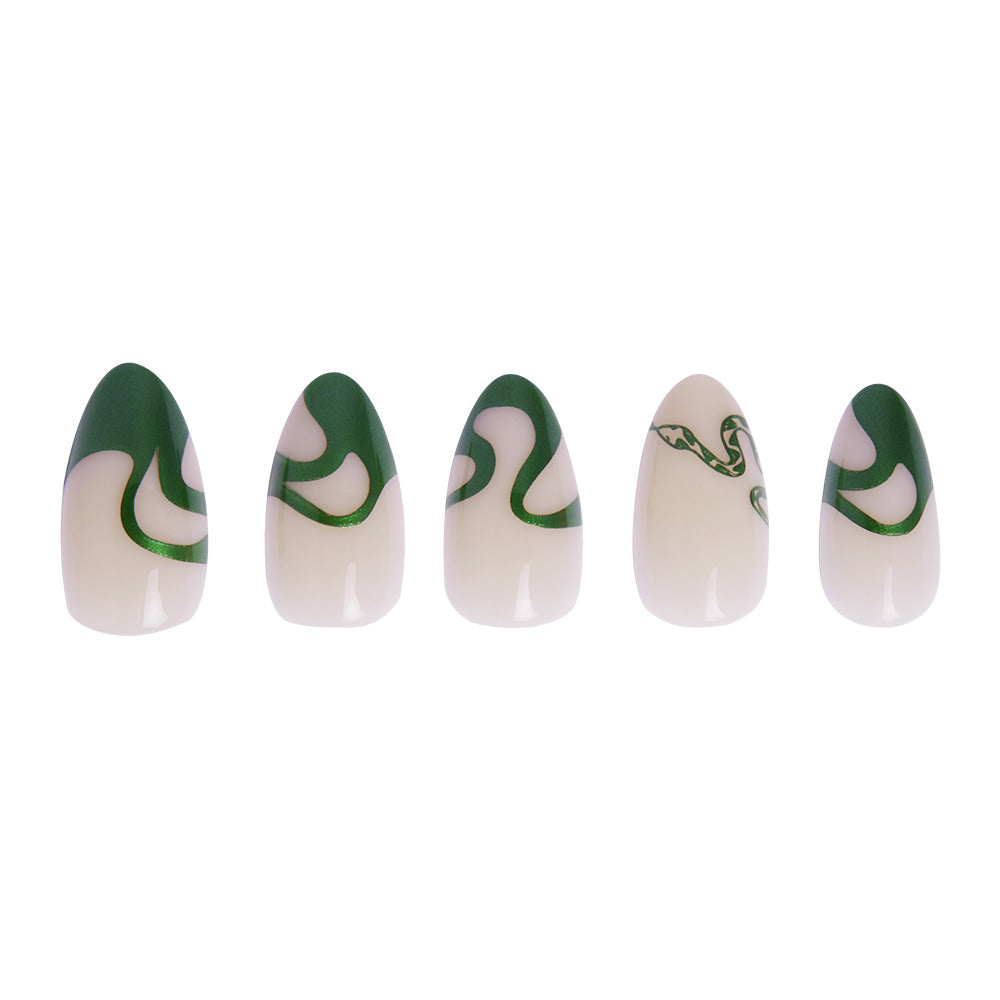 The Parseltongue™ by glamnetic features five short almond artificial nails with a glossy nude base and unique chrome emerald swirls, offering varying thicknesses and styles for a modern, artistic look. - Product image