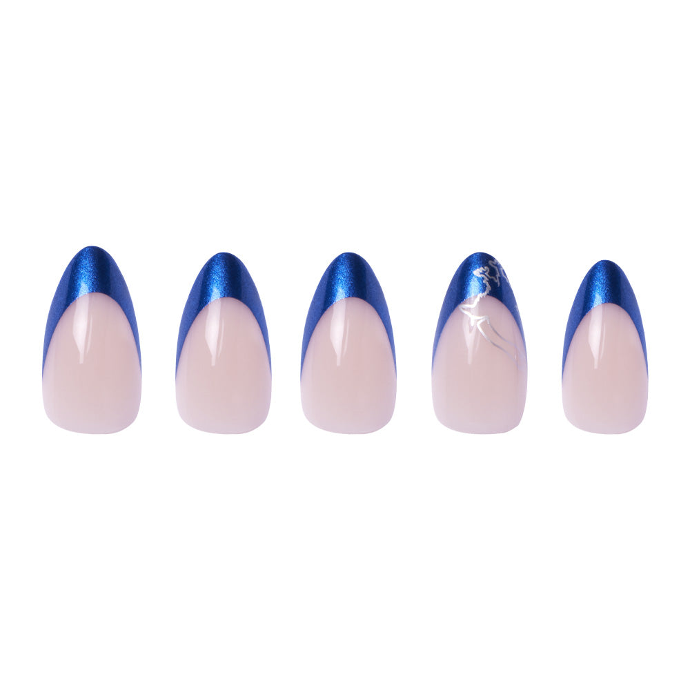 Five Ravenclaw™ short almond false nails by glamnetic are shown in a row, featuring a pink base with metallic sapphire blue chrome French tips. One nail displays a subtle white abstract design on the blue tip. - Product image