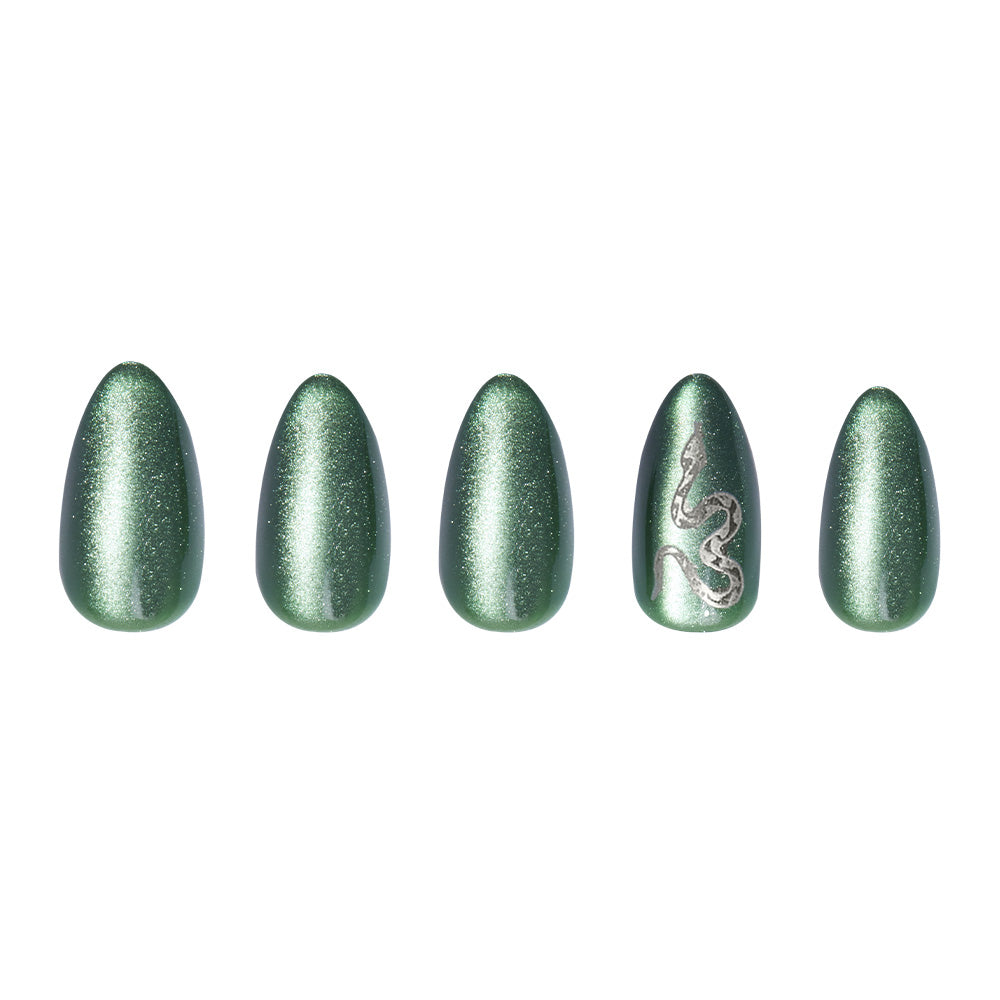 Five artificial emerald green velvet-finish nails from glamnetic’s Slytherin™ set are shown. The fourth nail has a silver snake design, while the others are shimmery and plain. - Product image