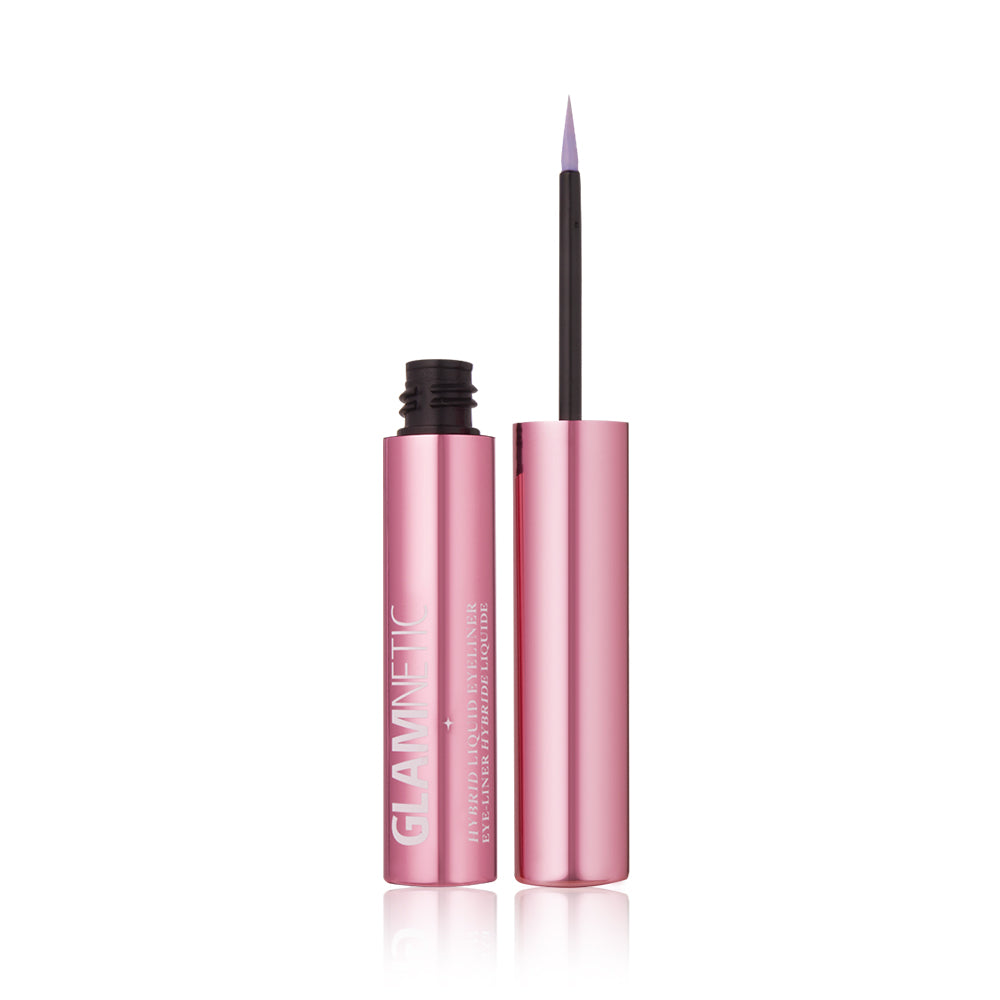 A pink tube of glamnetic Hybrid Liquid Eyeliner stands upright, cap off to show a thin brush with a light purple tip. The latex-free formula dries fast for effortless, invisible application. - Product image