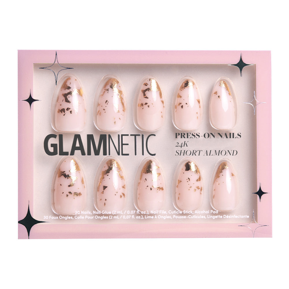 The glamnetic 24K set includes 30 short almond press-on nails in pink with a nude base and gold foil accents, plus nail glue, file, cuticle stick, and alcohol pad. - Product image