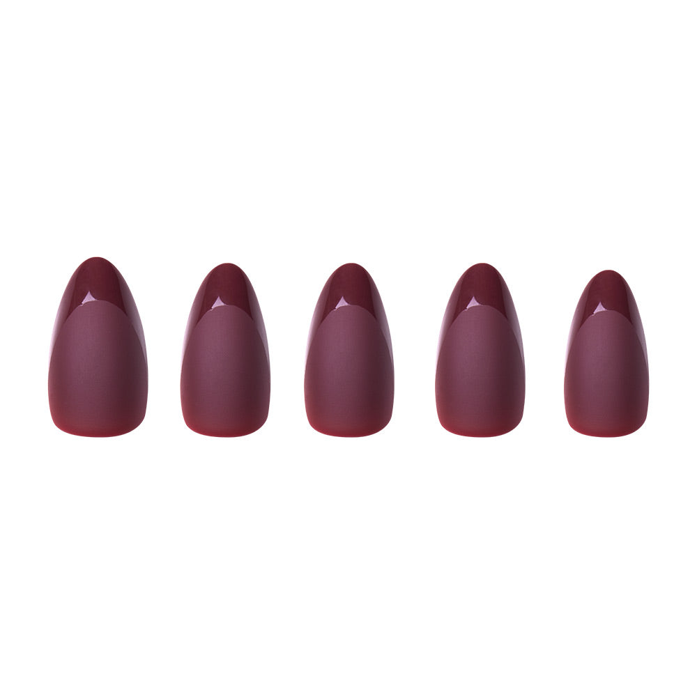 Five short almond-shaped artificial nails from glamnetics Merlot set are displayed in a row, featuring matte mauve color and glossy deep burgundy half-moon tips, photographed on a plain white background. - Product image