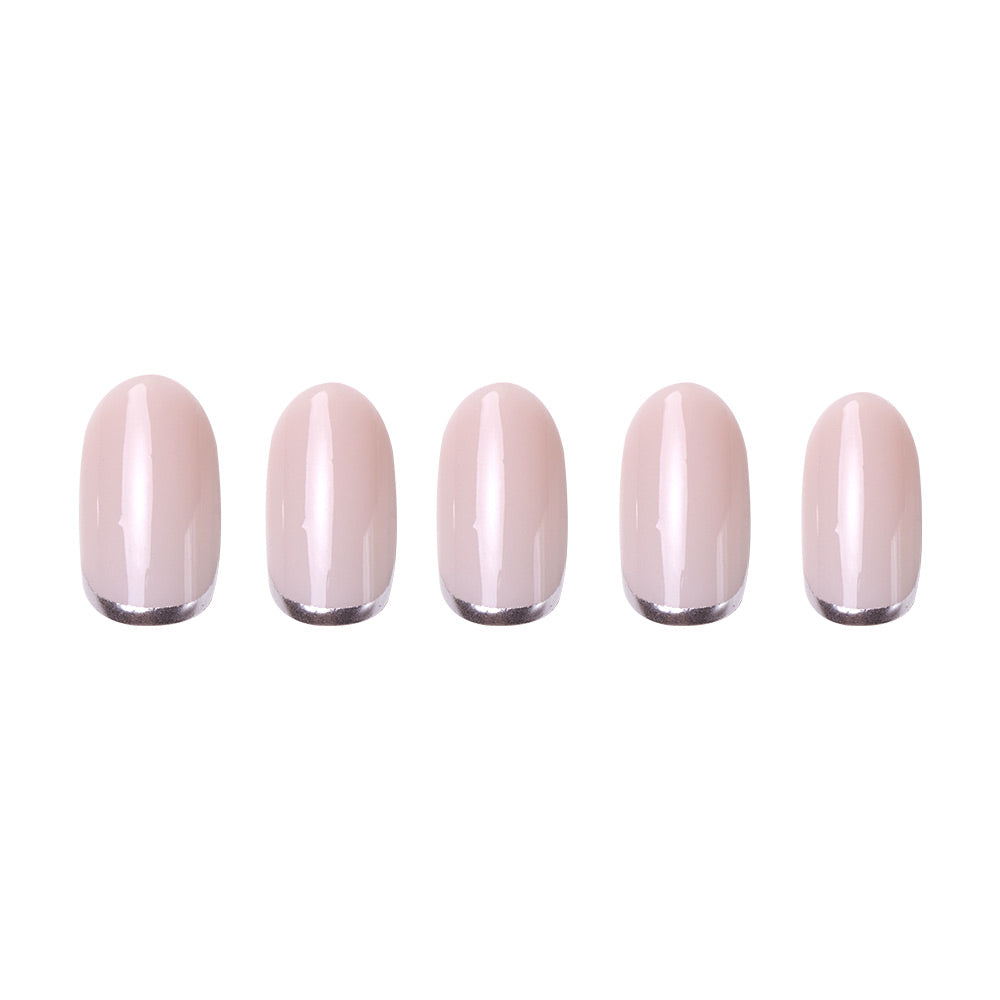 Five short round artificial nails from glamnetic’s Silver Belle collection, featuring a glossy light nude pink finish, are arranged in a row on a white background. These nails are reusable. - Product image
