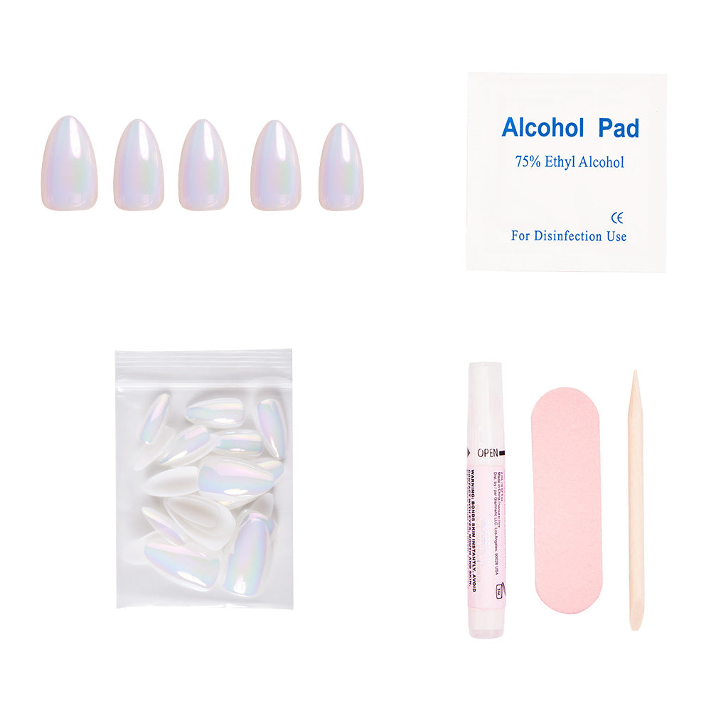The glamnetic Entranced set includes almond-shaped, iridescent, press-on nails with a holographic finish plus an alcohol pad, extra nails, glue tube, pink nail file, and wooden cuticle stick on a white background. - Product image