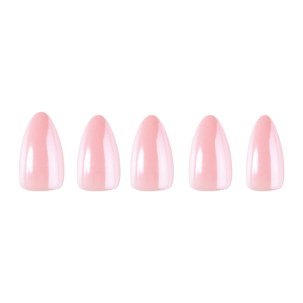 Five blush pink, short almond-shaped press-on nails from glamnetic’s First Kiss set are arranged in a row on a white background, highlighting the set’s glossy finish. - Product image