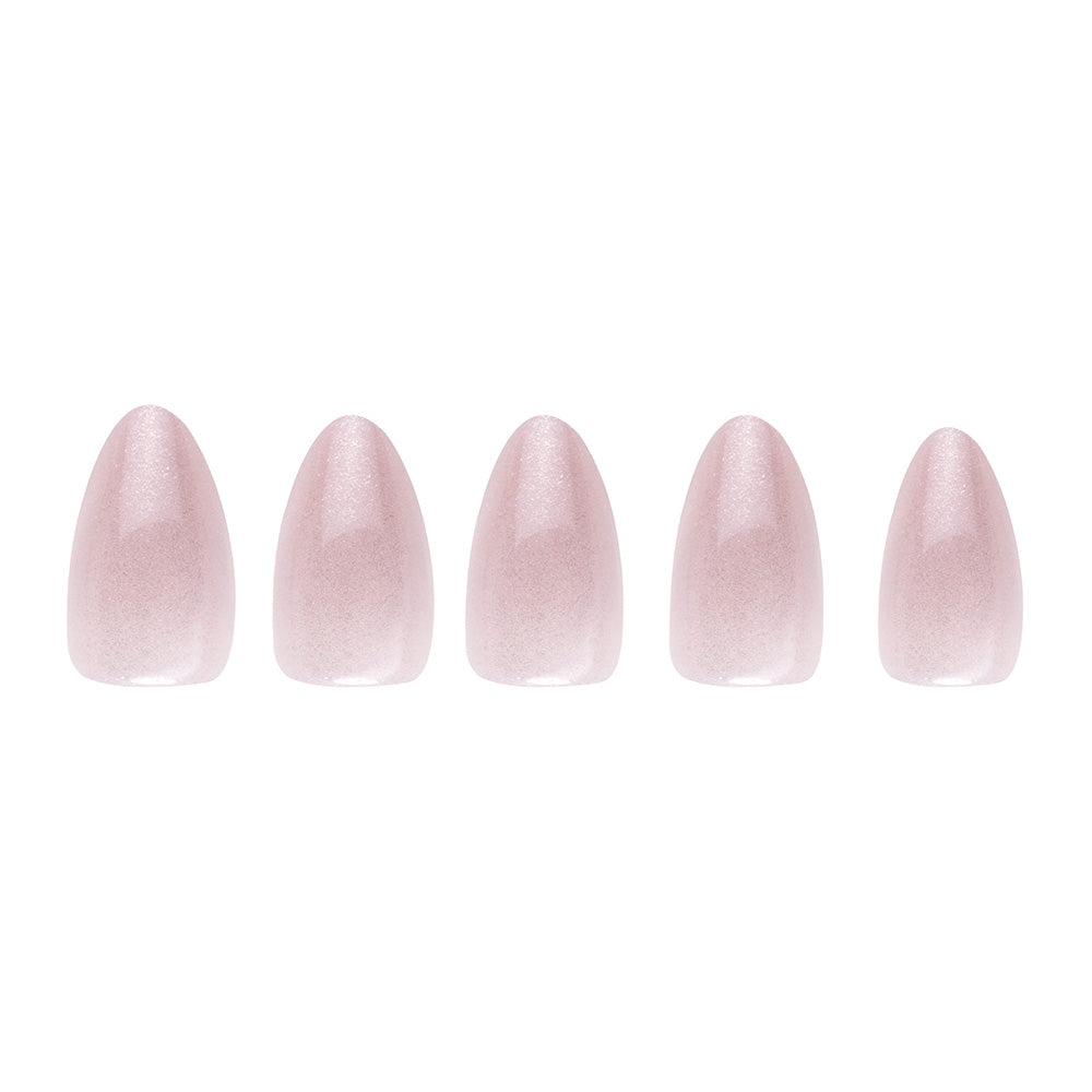 The glamnetic Selenite Nail Set includes five short, almond-shaped pale pink nails with a glossy velvet finish, neatly displayed in a row on a white background. - Product image