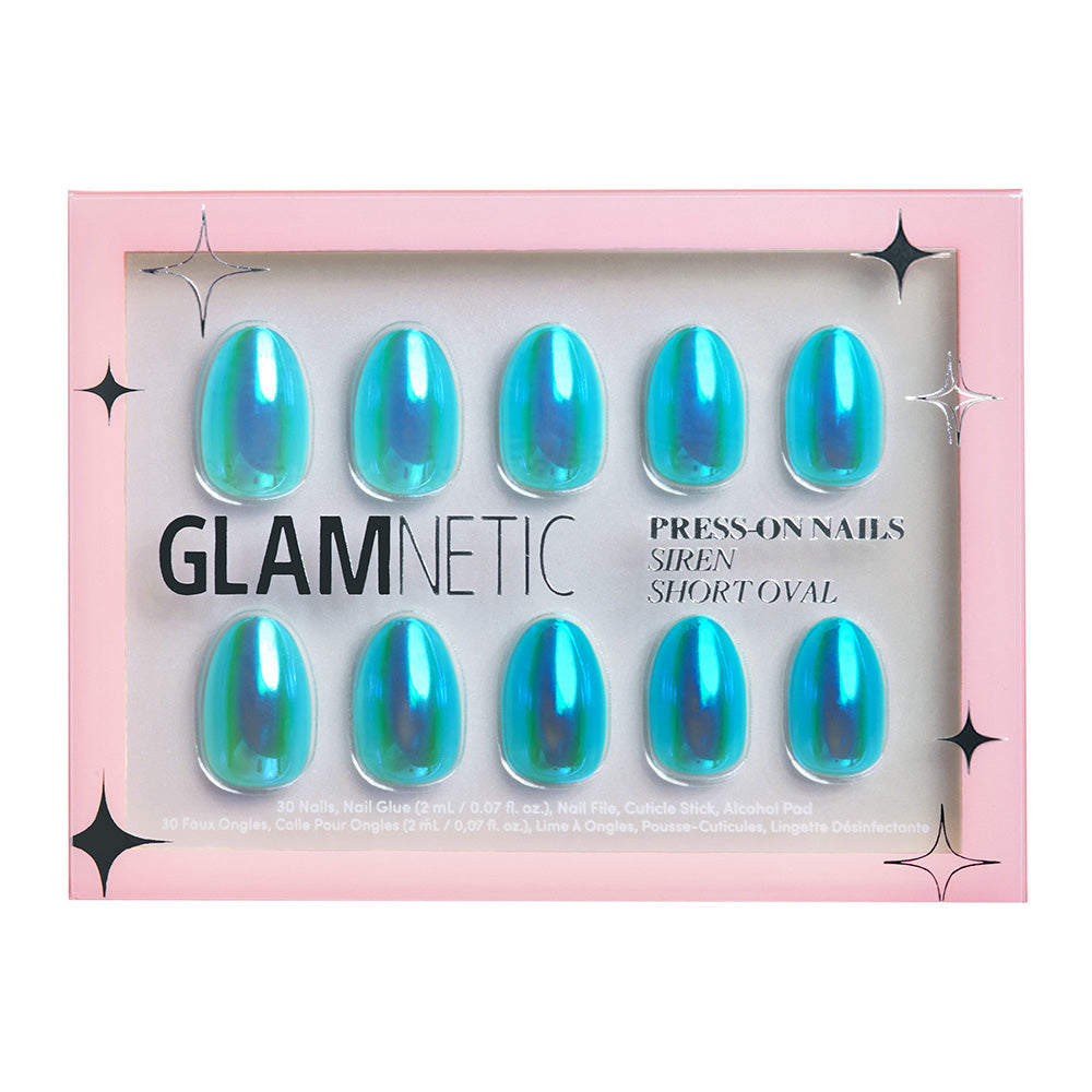 The glamnetic Siren nail set features shiny, blue iridescent press-on nails in a short oval shape with a holographic finish. Ten nails are visible in a pink frame with black star accents. - Product image