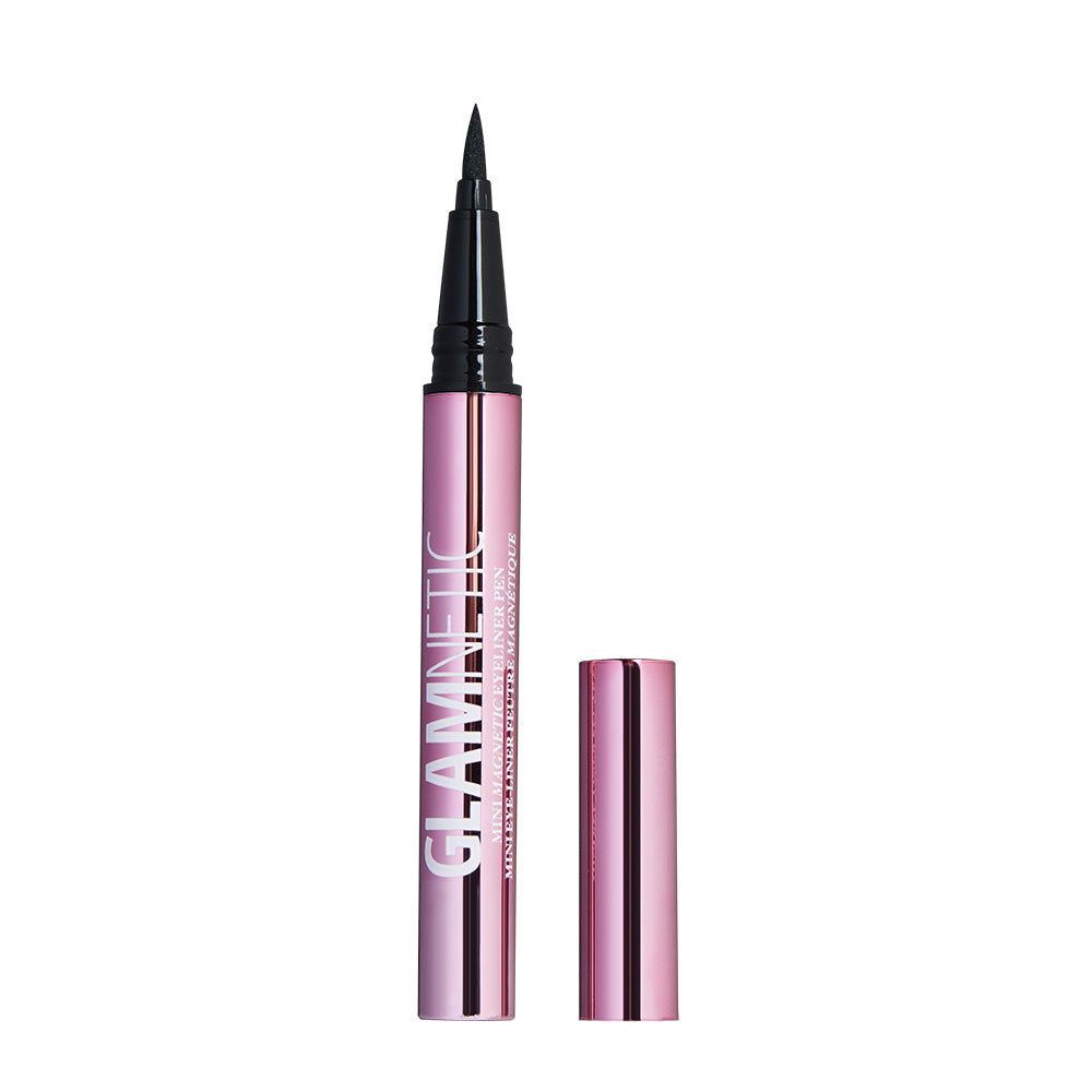 A pink metallic glamnetic Mini Magnetic Eyeliner Pen with the cap off and beside it, glamnetic printed in white on the body. Features a precision felt-tip applicator for easy, defined lines. - Product image