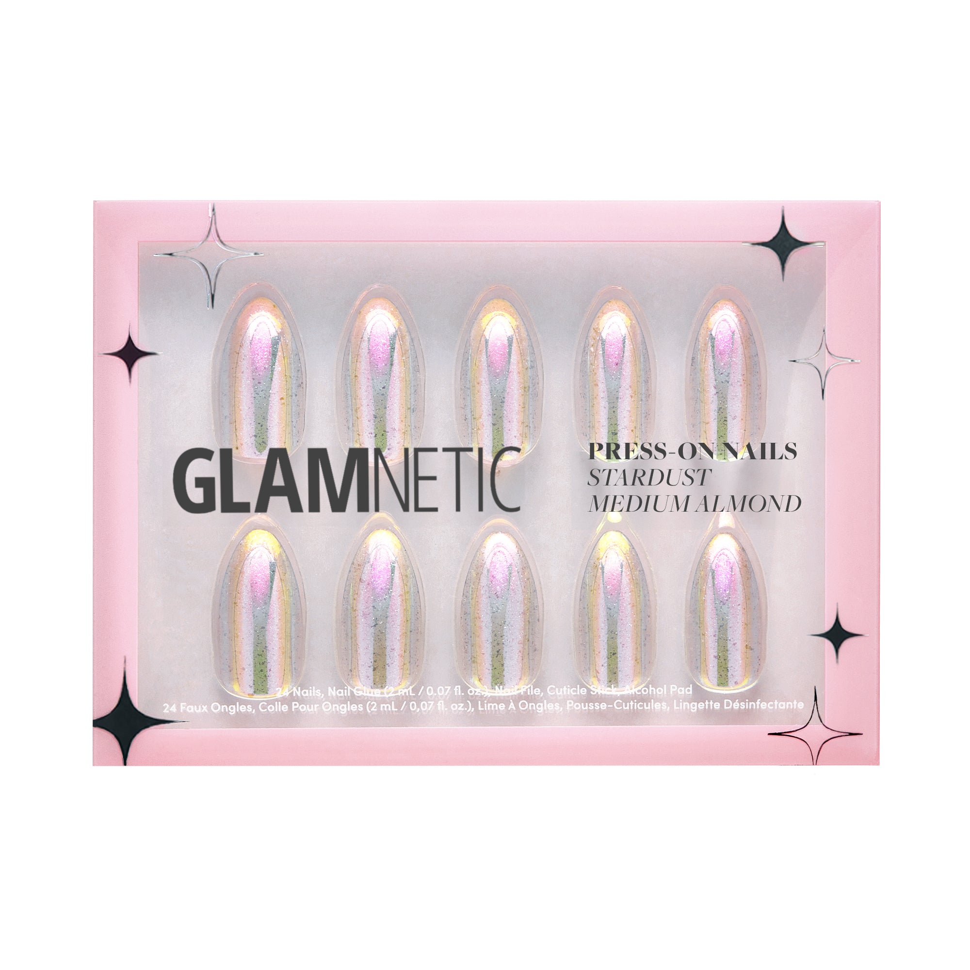 A box of glamnetic Stardust press-on nails, featuring 10 holographic medium almond-shaped nails in pink packaging with star designs. - Product image