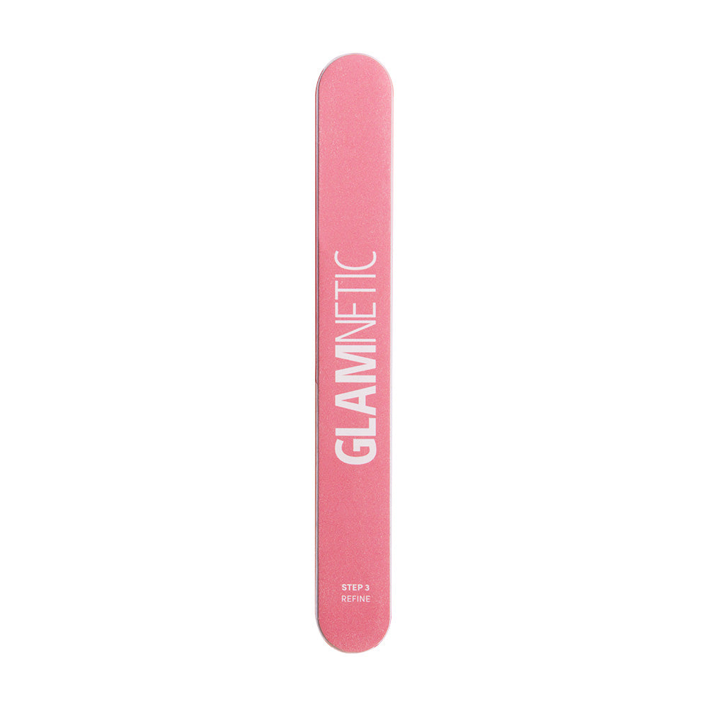 The glamnetic 7-in-1 Nail Buffer is a pink file with glamnetic in white and STEP 3 REFINE at the bottom, ideal for at-home nail prep to achieve a flawless, glossy finish. - Product image