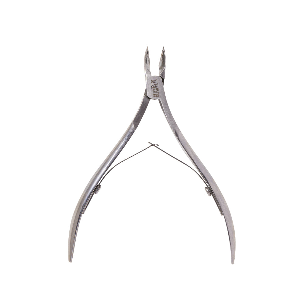The glamnetic Cuticle Nipper features stainless steel, curved handles, and pointed blades—ideal for trimming cuticles and hangnails for any DIY manicure. Shown against a white background. - Product image