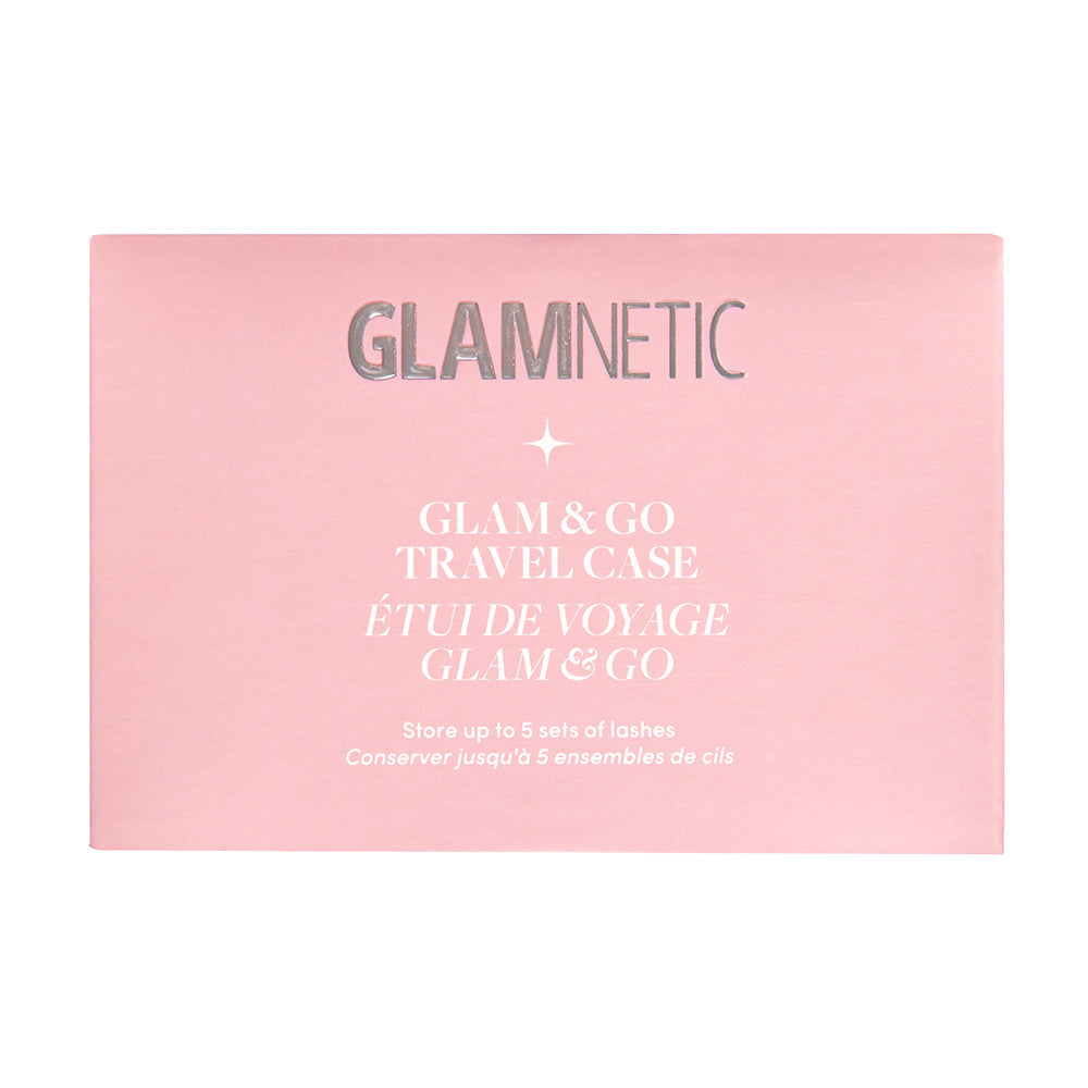 A pink rectangular box with glamnetic and Glam & Go Travel Case in silver and white text, featuring English and French instructions. The Glam & Go Travel Case stylishly holds up to 5 sets of glamnetic magnetic lashes or lash extensions. - Product image